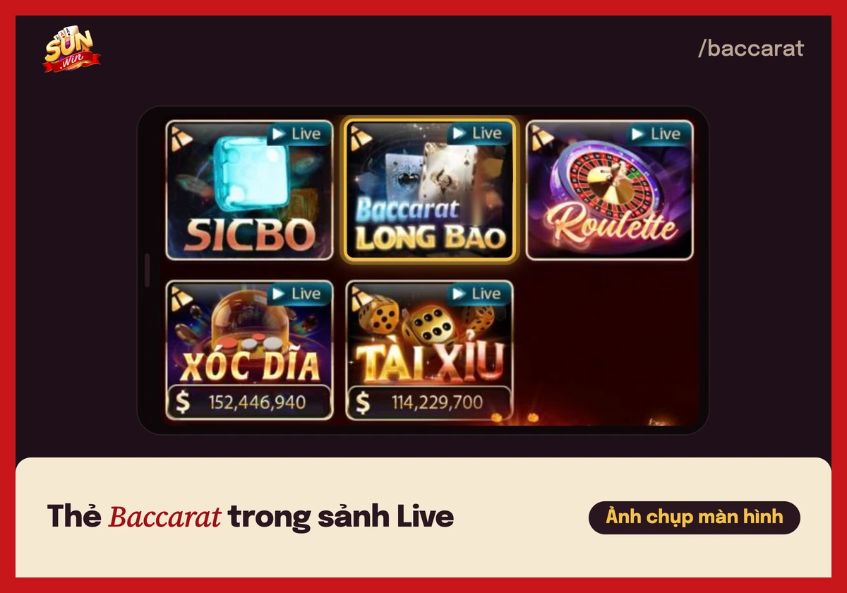 Thẻ game baccarat trong sảnh casino của cổng game Sunwin