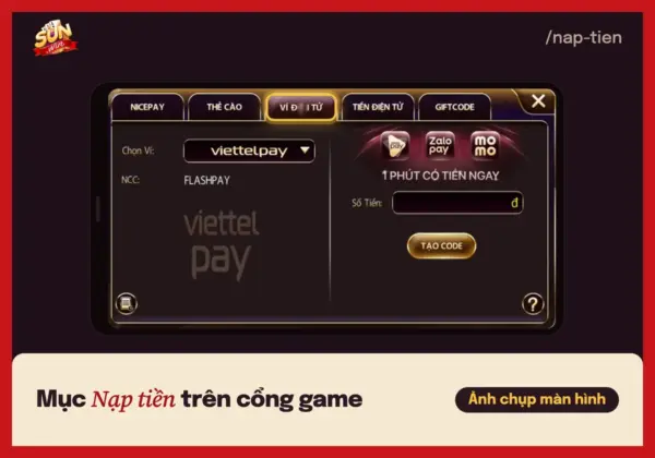 Cách nạp tiền Sunwin: chọn kênh, ghi đúng nội dung chuyển 6 Mục Nạp tiền trên cổng game Sunwin với các tab NicePay, Thẻ cào, Ví điện tử, Tiền điện tử và Giftcode