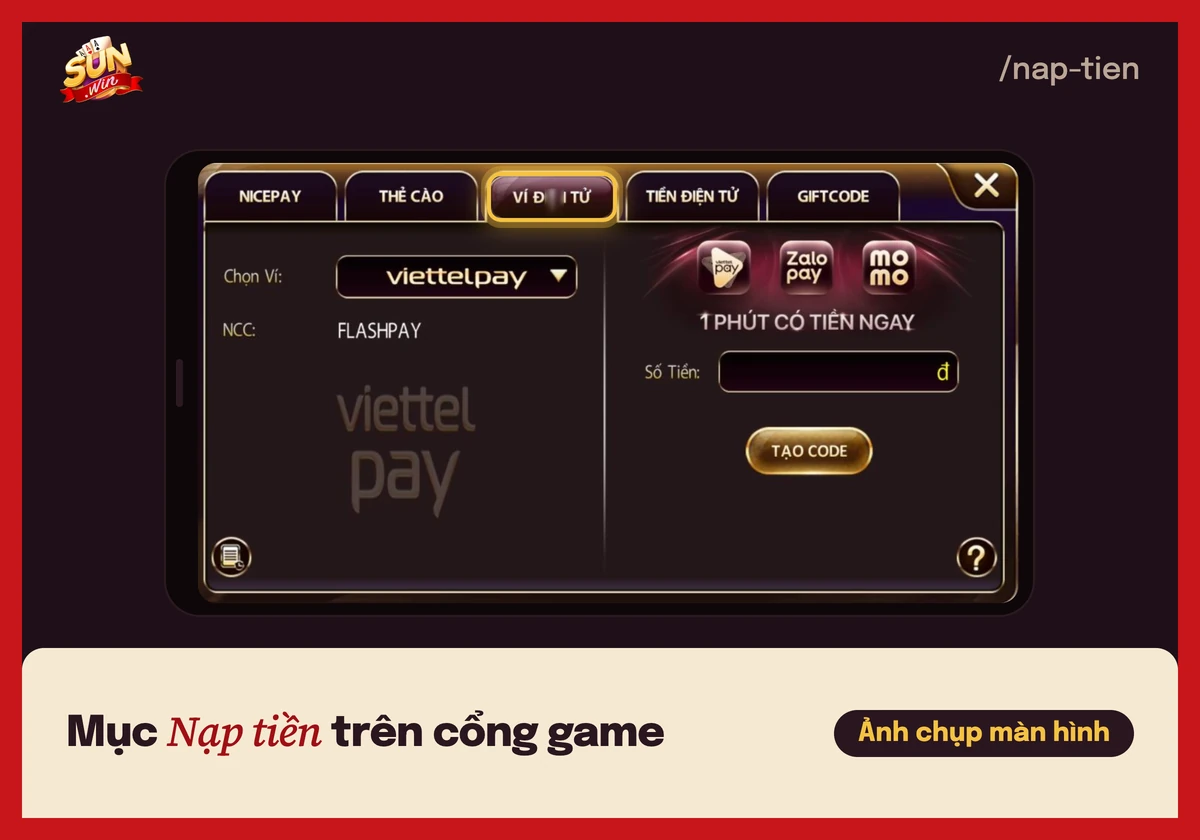 Mục Nạp tiền trên cổng game Sunwin với các tab NicePay, Thẻ cào, Ví điện tử, Tiền điện tử và Giftcode