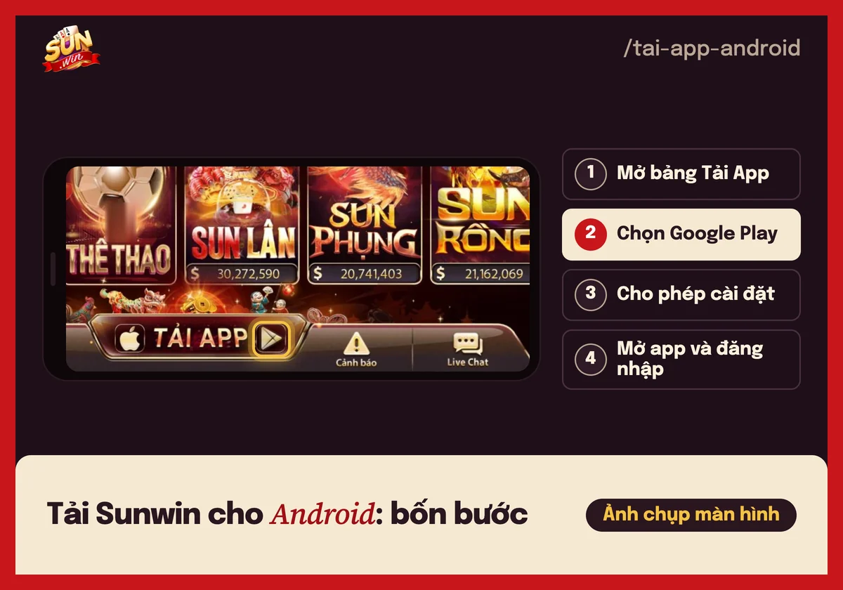 Nút Google Play trên thanh Tải App của cổng game Sunwin, kèm 4 bước cài app trên Android