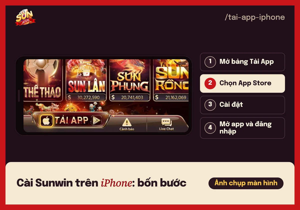 Nút App Store trên thanh Tải App của cổng game Sunwin, kèm 4 bước cài app trên iPhone
