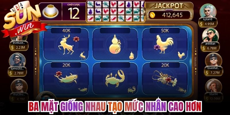 Bầu Cua Sunwin - Lắc 3 Xúc Xắc Cùng Linh Vật Quen Thuộc 1 Ba mặt giống nhau tạo mức nhân cao hơn