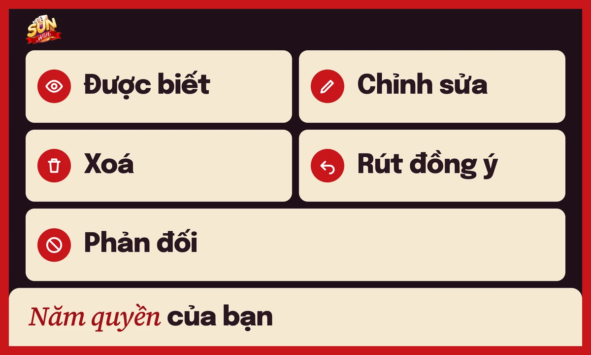 Năm quyền dữ liệu cá nhân của bạn: được biết, chỉnh sửa, xoá, rút lại đồng ý và phản đối