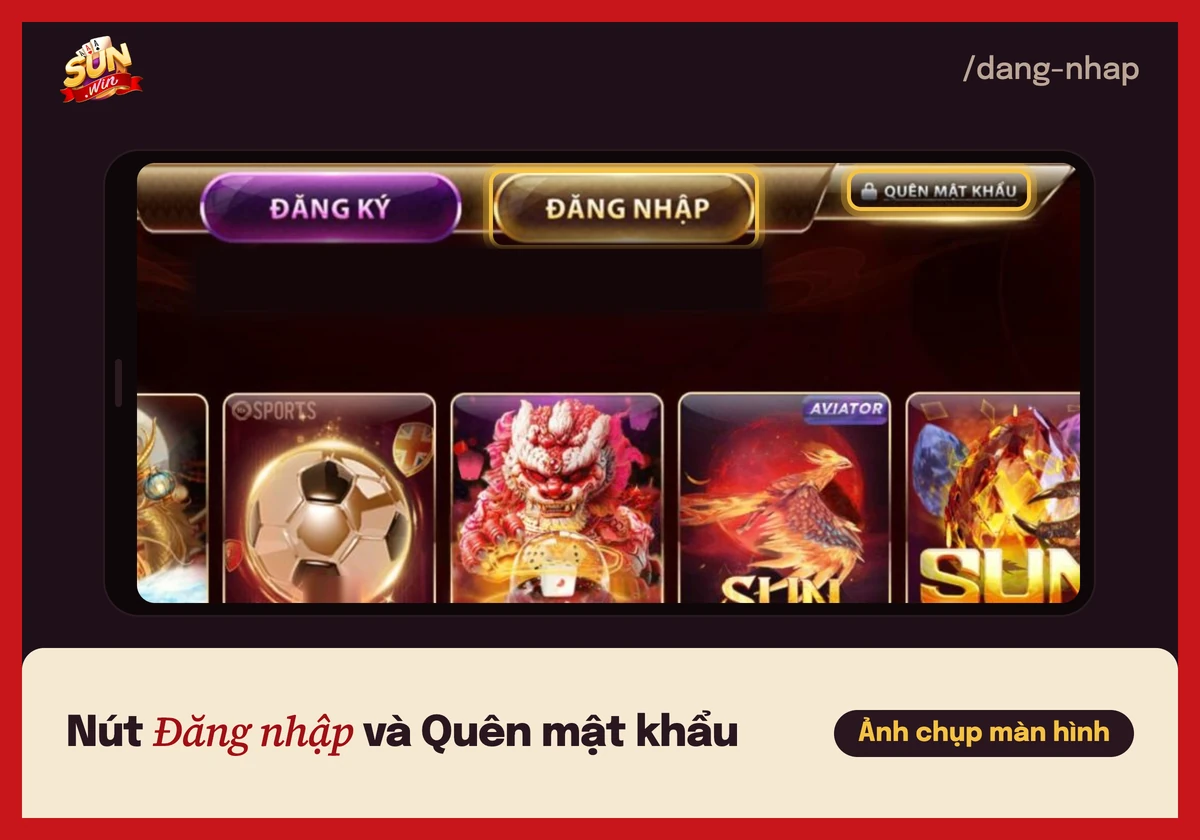 Thanh trên cổng game Sunwin với nút Đăng nhập và Quên mật khẩu