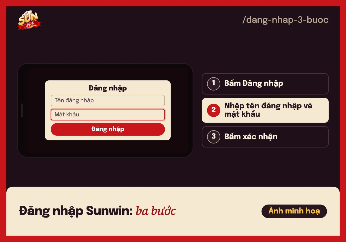 Đăng nhập Sunwin không được? Cách vào lại tài khoản 3 Minh hoạ 3 bước đăng nhập Sunwin trên web và app