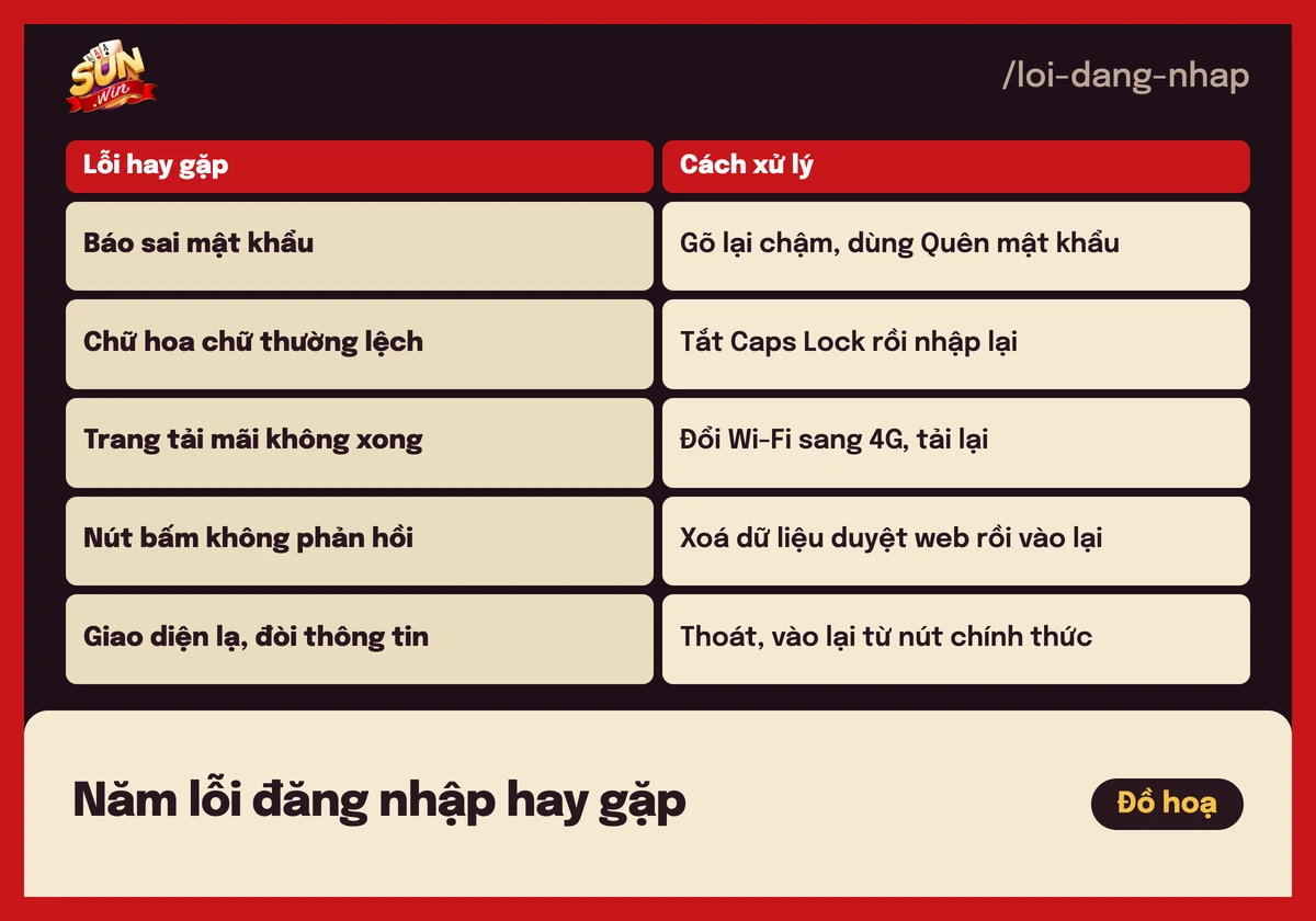 Đăng nhập Sunwin không được? Cách vào lại tài khoản 4 Thẻ 5 lỗi đăng nhập Sunwin hay gặp và cách xử lý