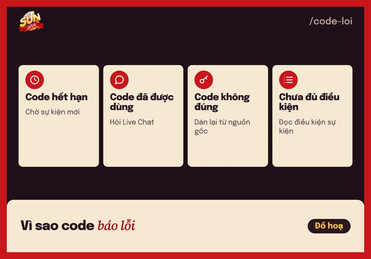 Giftcode Sunwin: nhận code ở đâu, nhập code thế nào 4 Thẻ 4 lý do giftcode Sunwin báo lỗi: hết hạn, đã dùng, sai ký tự, chưa đủ điều kiện