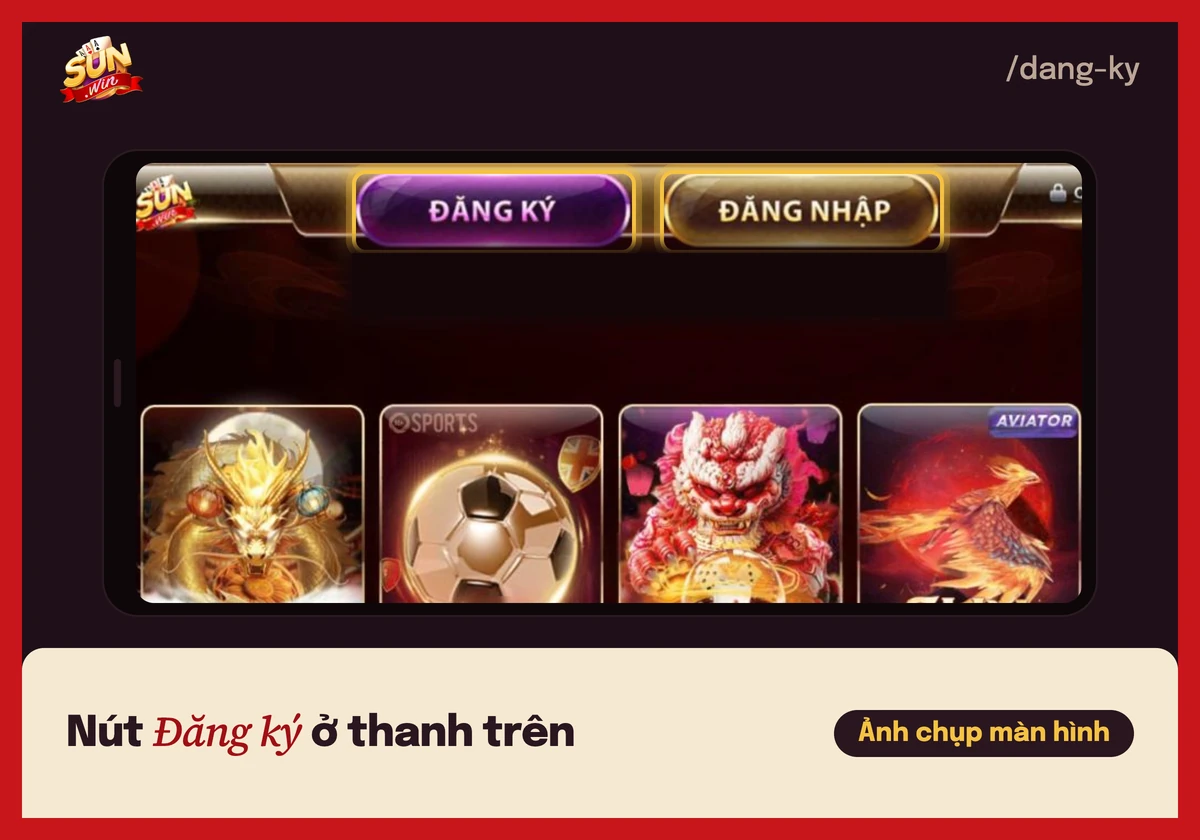 Thanh trên cổng game Sunwin với nút Đăng ký và nút Đăng nhập