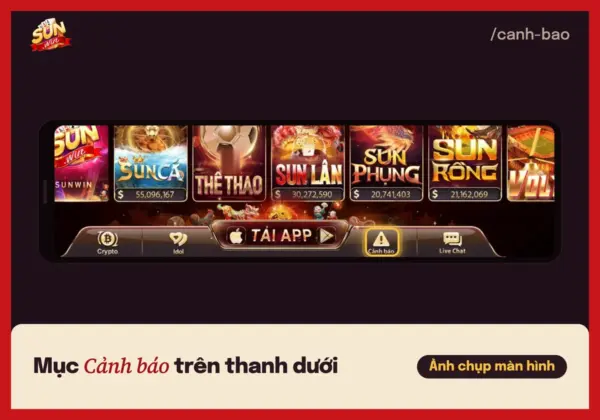 Thanh dưới cổng game Sunwin có mục Cảnh báo và Live Chat