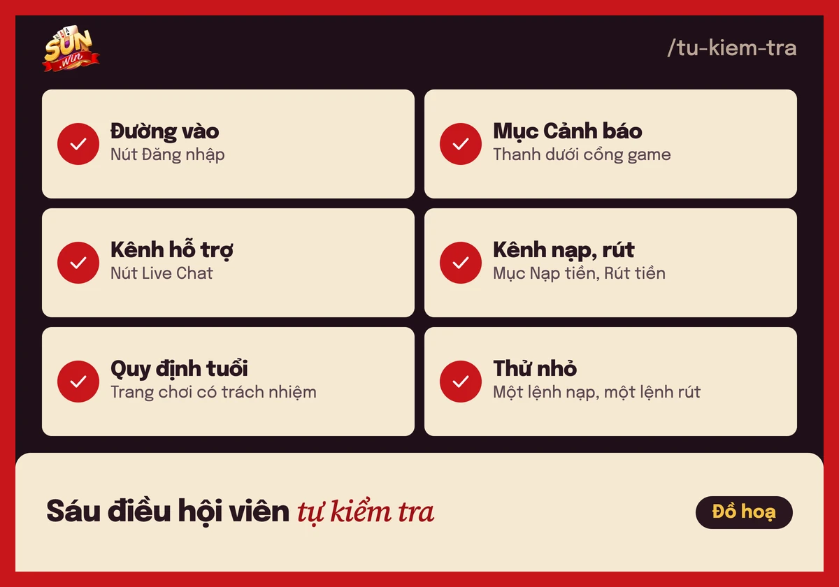 Sunwin có uy tín không? Điều hội viên nên tự kiểm tra 3 Checklist 6 điều hội viên tự kiểm tra: đường vào, mục Cảnh báo, kênh hỗ trợ, kênh nạp rút, quy định tuổi, thử nhỏ