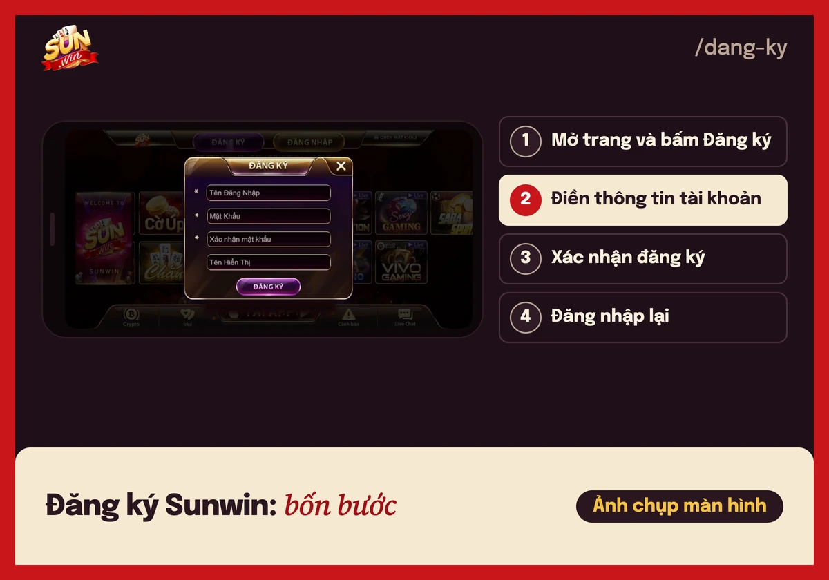 Ảnh chụp màn hình form Đăng ký Sunwin với các ô tên đăng nhập, mật khẩu, nhập lại mật khẩu và tên hiển thị