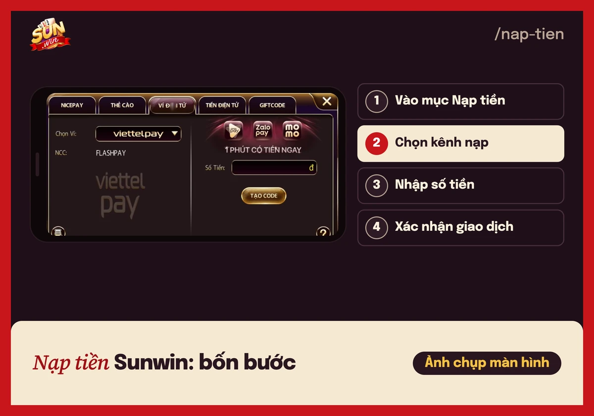 Ảnh chụp màn hình bảng Nạp tiền Sunwin với các kênh NicePay, thẻ cào, ví điện tử trong khung điện thoại