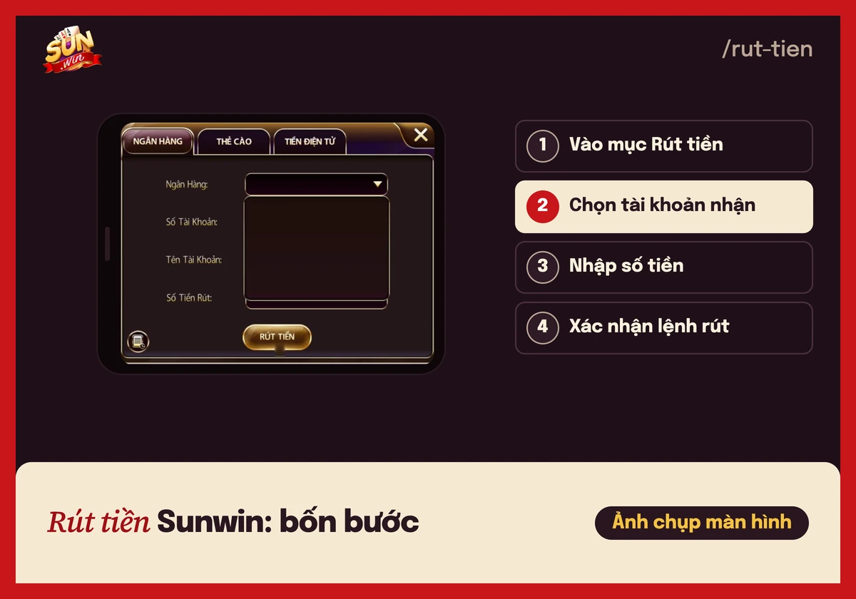 Ảnh chụp màn hình bảng Rút tiền Sunwin với các kênh ngân hàng, thẻ cào, tiền điện tử trong khung điện thoại