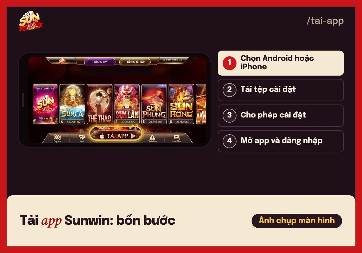 Ảnh chụp màn hình các bước tải app Sunwin cho Android và iPhone trong khung điện thoại